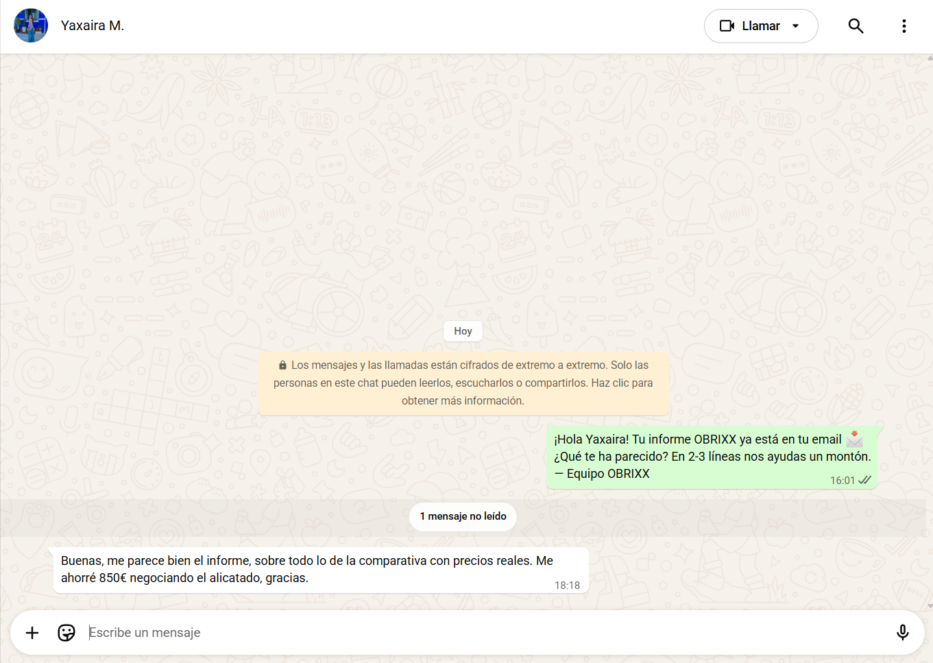 Conversación de WhatsApp con Yaxaira sobre OBRIXX