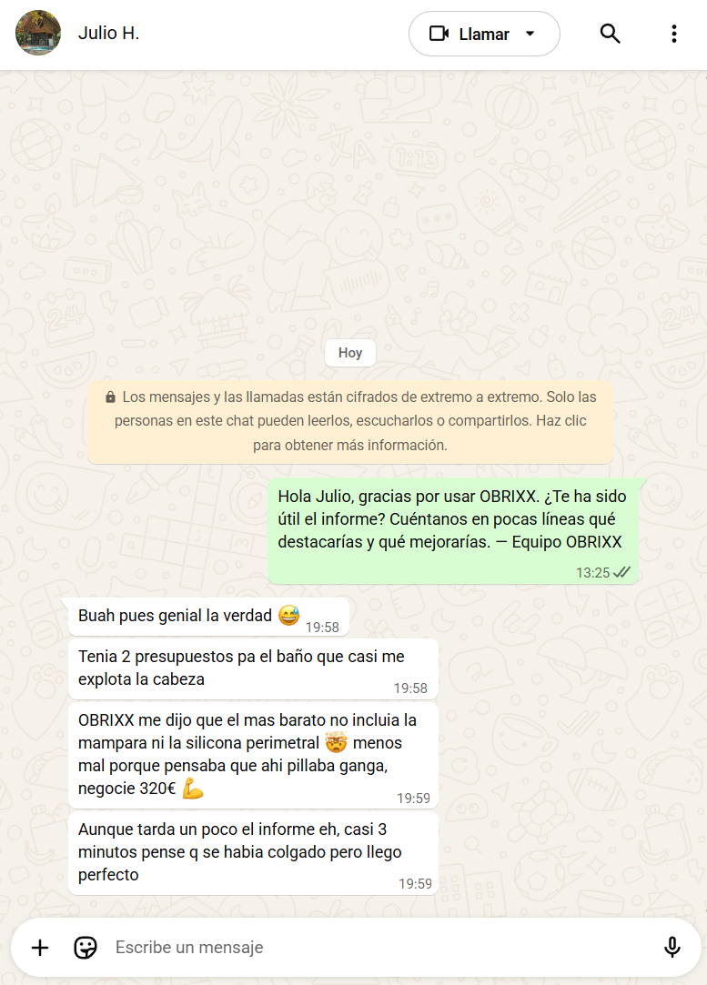 Conversación de WhatsApp con Julio sobre OBRIXX