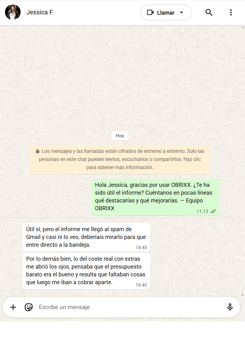 Conversación de WhatsApp con Jessica sobre OBRIXX