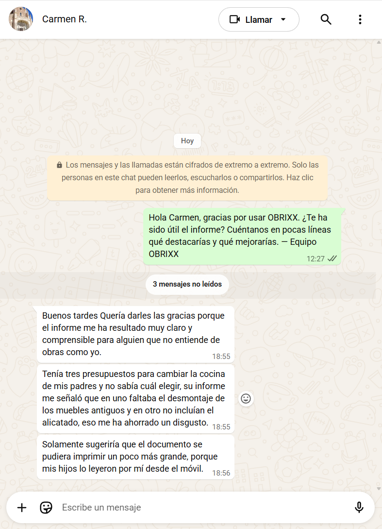 Conversación de WhatsApp con Carmen sobre OBRIXX