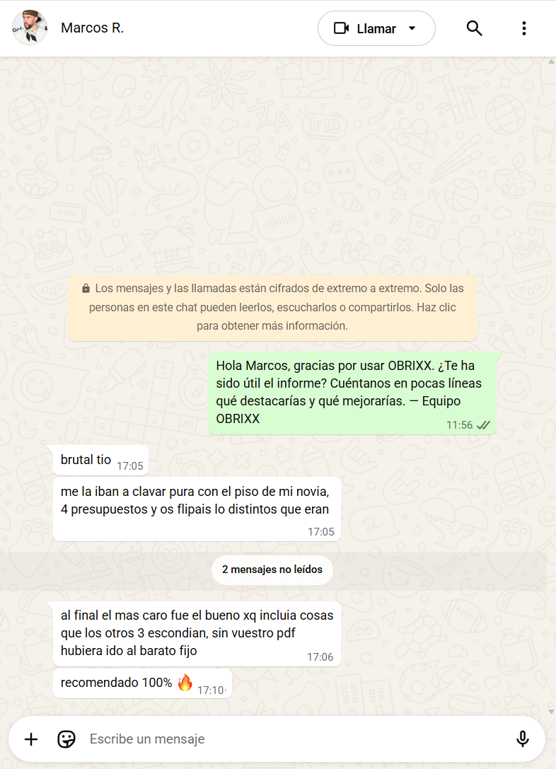 Conversación de WhatsApp con Marcos sobre OBRIXX